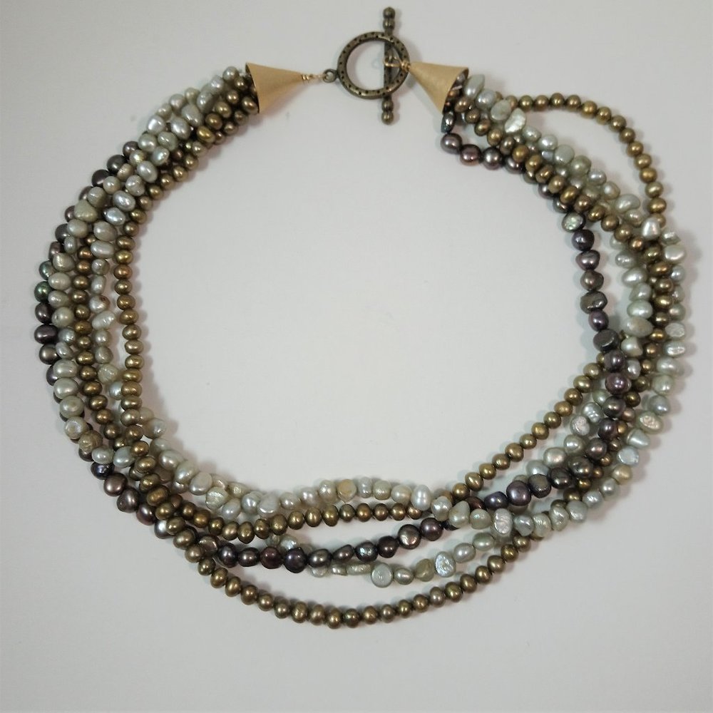 5 Strands Freshwater Pearls Necklace Green  16" L